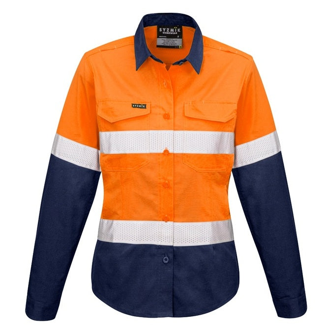 Syzmik ZW720 Ladies Rugged Cooling Taped HiVis Spliced Long Sleeve Shirt - Orange/Navy - Front View