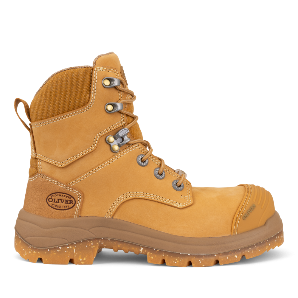 Yellow work boot with brand logo on a white background