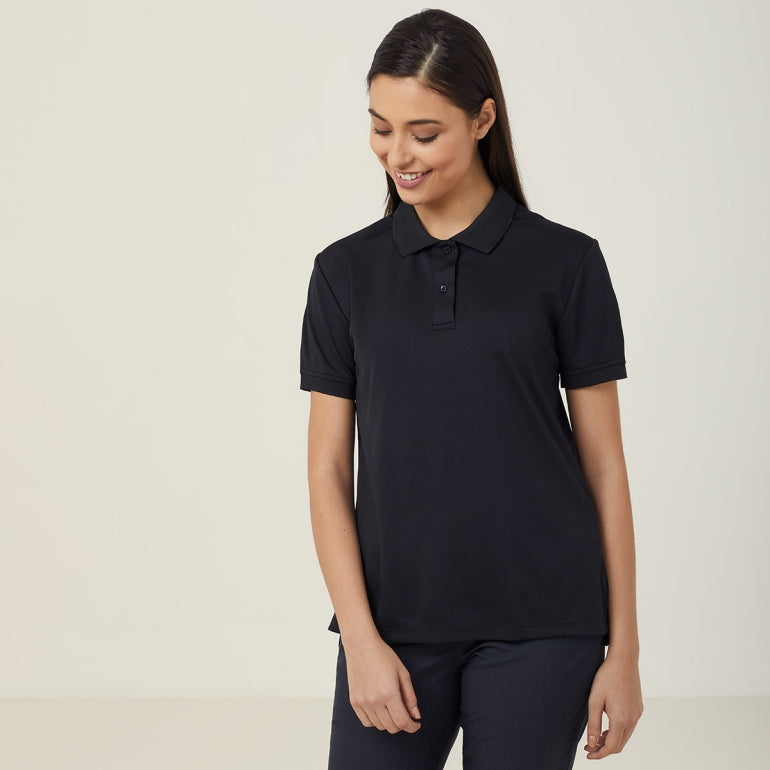 NNT CATU77 Cool Plus Black Short Sleeve Women's Work Polo - Front View with Professional Woman