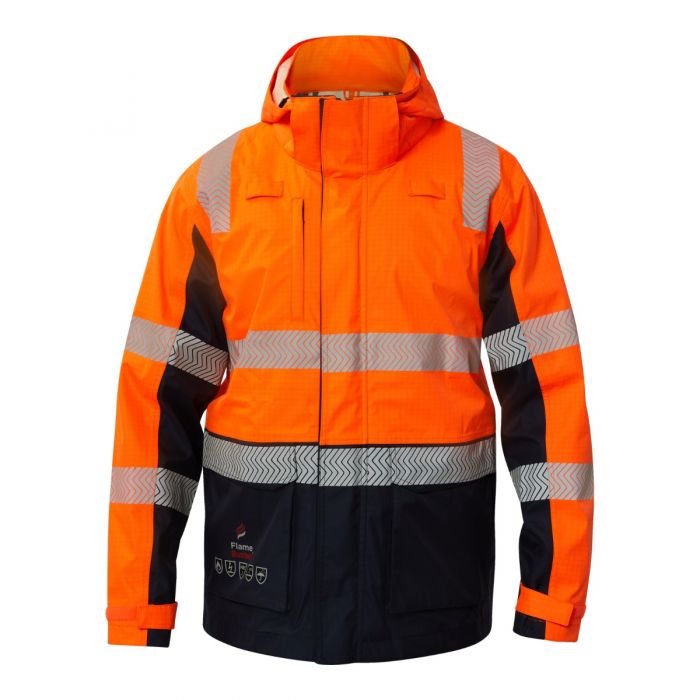 FlameBuster FJV033 FR HiVis Wet Weather Segmented Reflective Jacket - Hi-Vis Orange / Navy - Front View