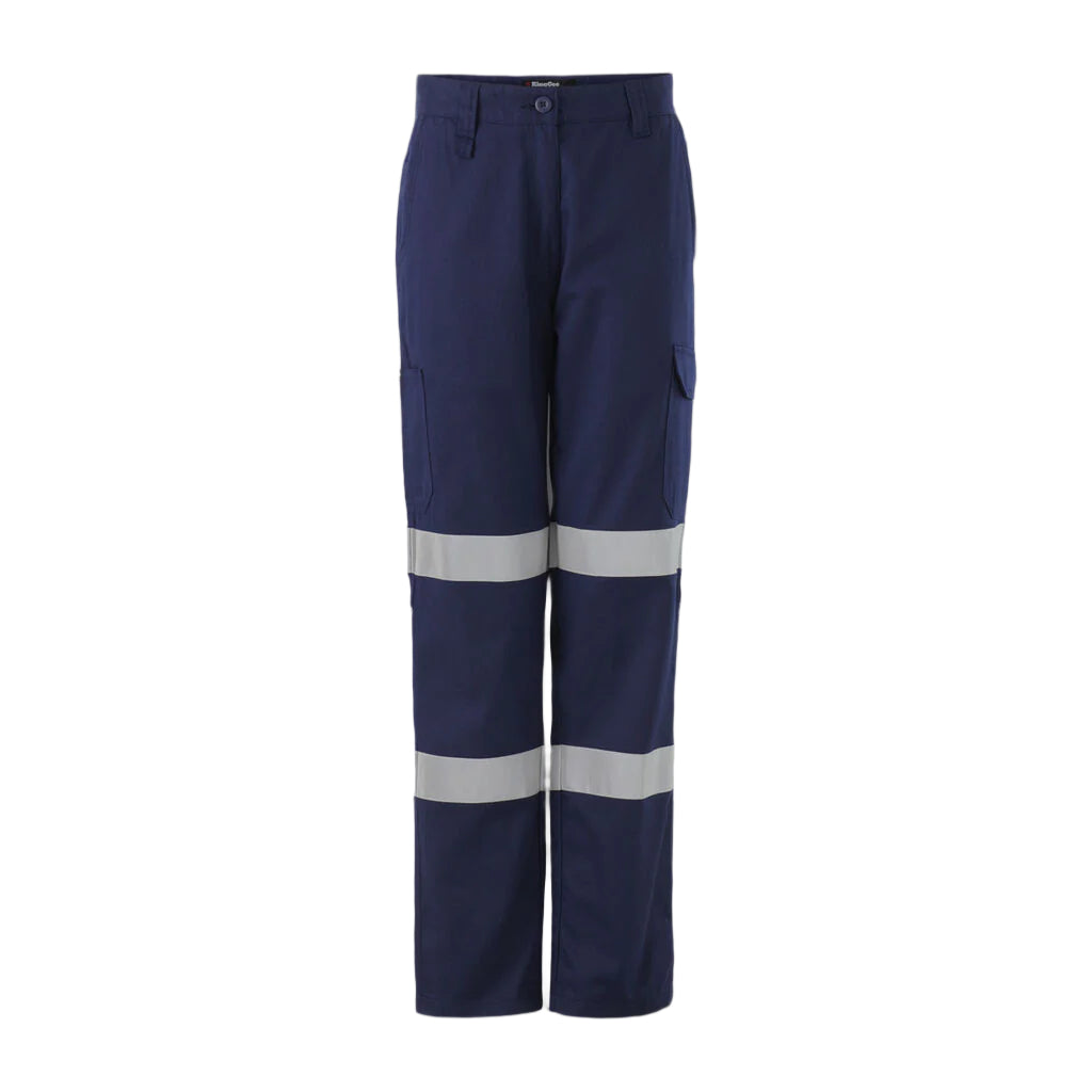 Navy blue work pants with reflective stripes on a white background