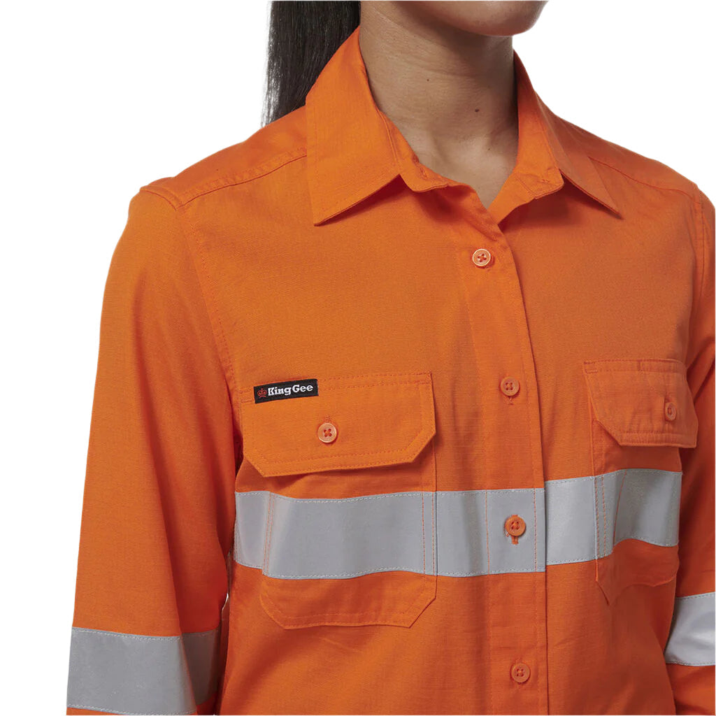 Orange work shirt with reflective stripes and a brand logo on a white background