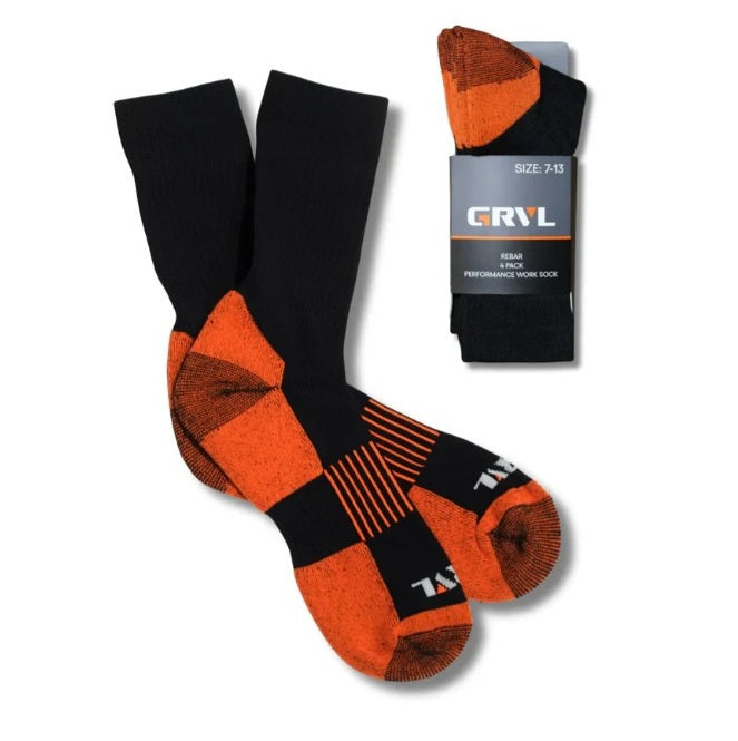 Black and orange fast drying Grvl GRVL-S5 Rebar Sorbtek Performance 4 Pk Socks