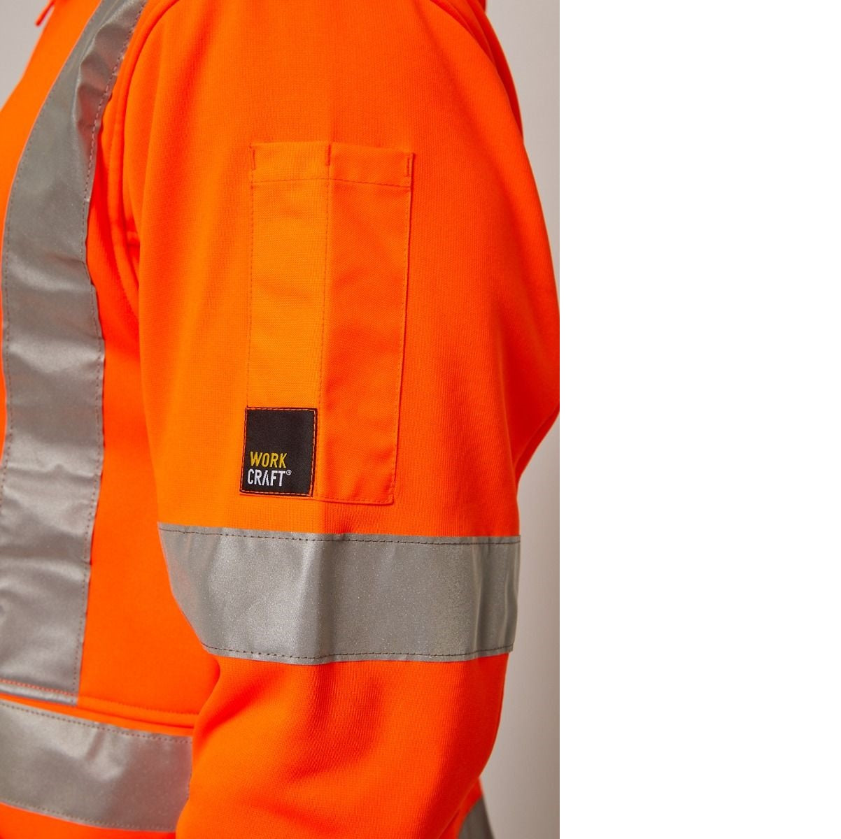 Workcraft WT8016 Alpine HiVis Hoodie With X Tape Orange Safety Rail NSW - Workcraft Logo close up
