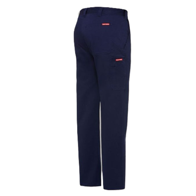 Navy blue work pants with red labels on a white background