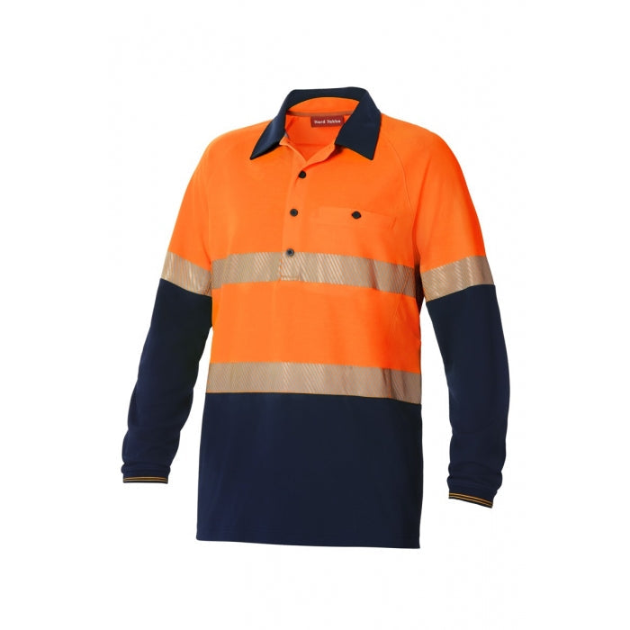 Hard Yakka Y11379 Koolgear HiVisibility 2-Tone Long Sleeve Ventilated Polo With Segmented Tape - Orange/Navy - Front View