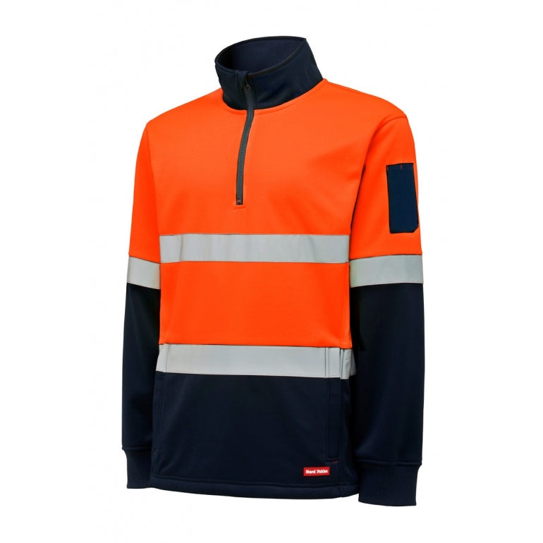 Orange and navy safety jacket with reflective stripes on a white background