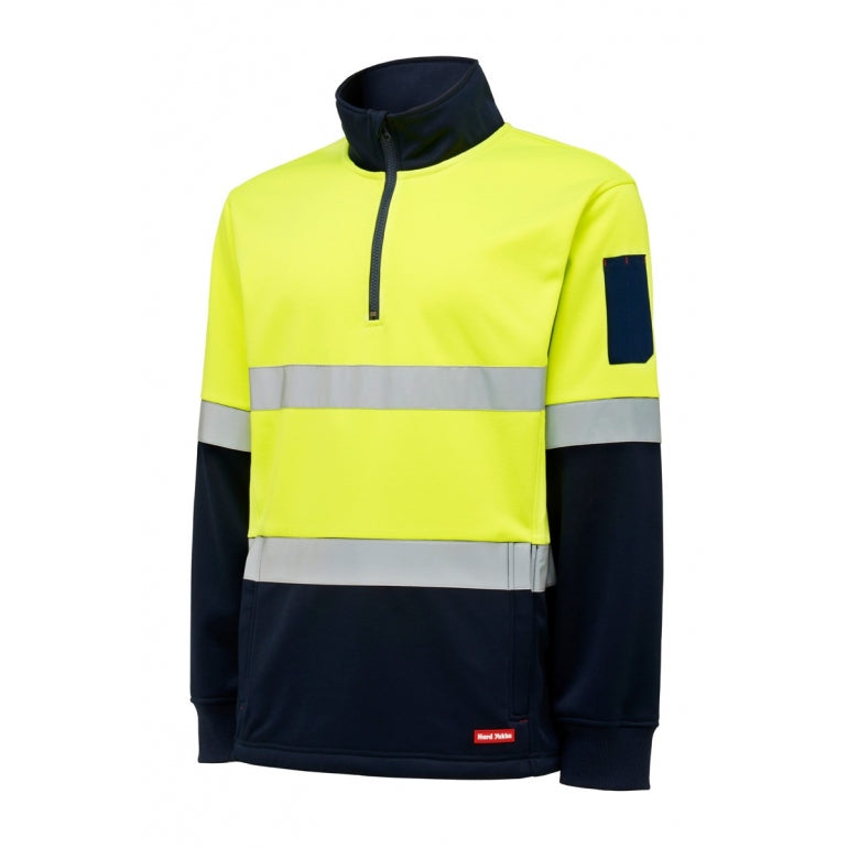 Hard Yakka Y19270 HiVis 2-Tone 1/4 Zip Brushed Fleece Taped Jumper - Yellow/Navy - Front View