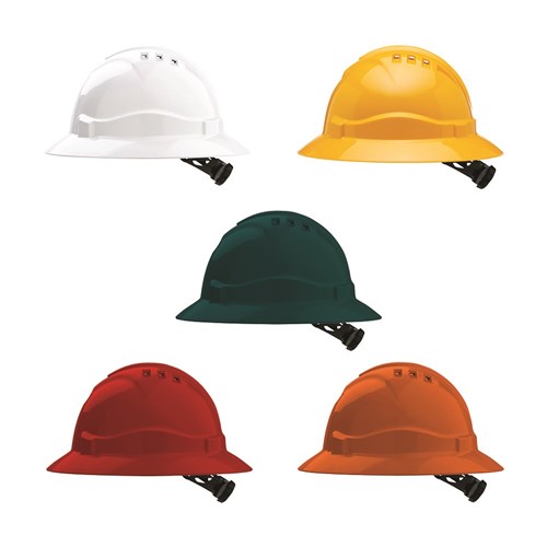Different coloured hard hats for head protection 