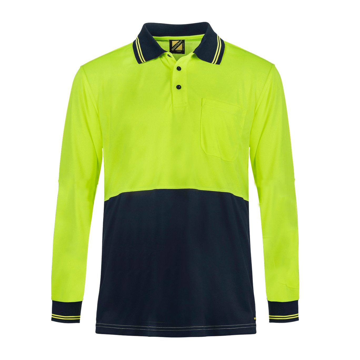 Workcraft WSP209 HiVis Lightweight Long Sleeve Micromesh Polo With Pocket - Yellow/Navy - Front View