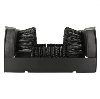 A black Yaktrax Boot Scrubber with bristles designed to scrub dirt off the soles of boots and shoes.