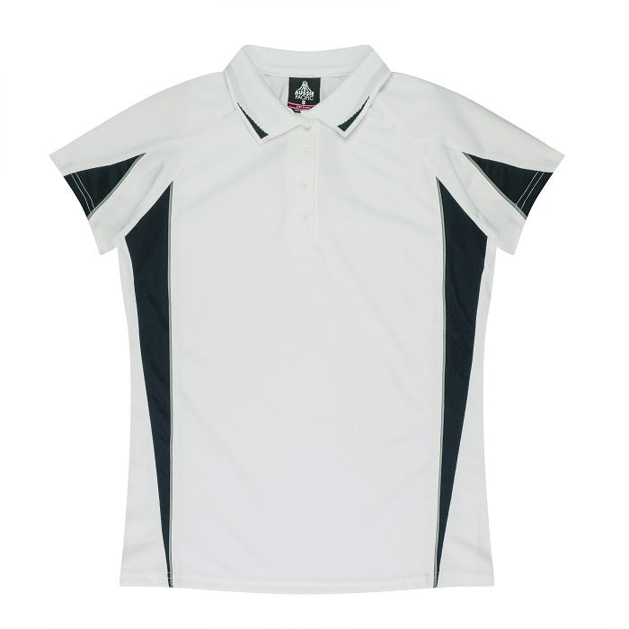 Aussie Pacific N2304 Ladies Eureka Polo - White/Navy - Front View