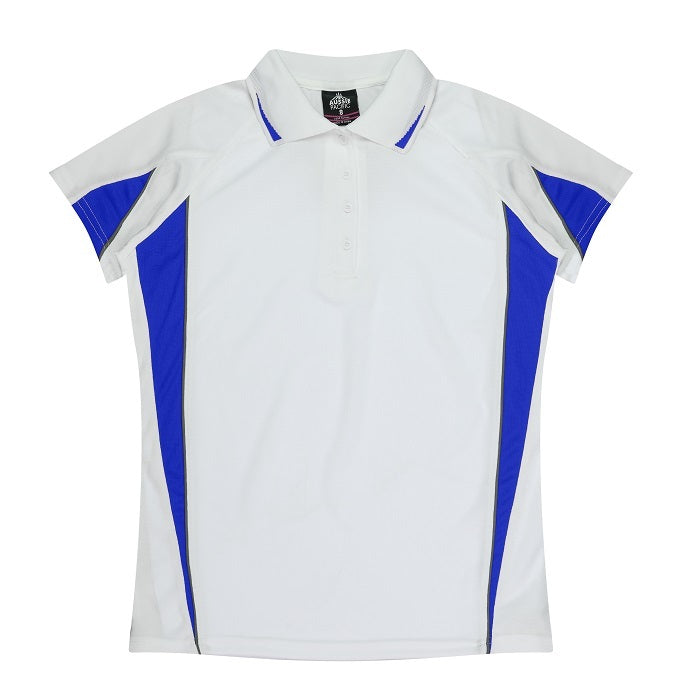 Aussie Pacific N2304 Ladies Eureka Polo - White/Royal Blue - Front View