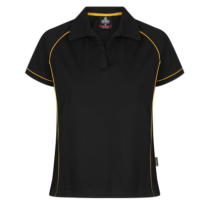 A black and gold colored ladies' polo shirt with contrast piping at the raglan, side panel, and sleeve cuff, featuring a V-neck Johnny collar and side splits.