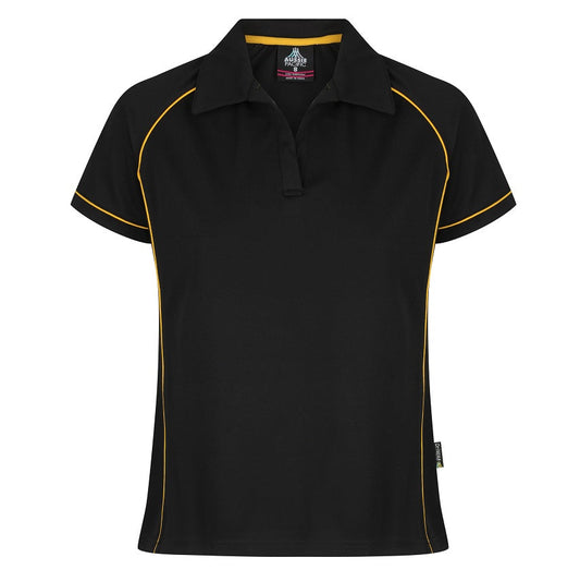 A black and gold colored ladies' polo shirt with contrast piping at the raglan, side panel, and sleeve cuff, featuring a V-neck Johnny collar and side splits.