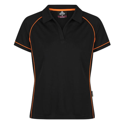 A black Aussie Pacific Endeavour ladies polo shirt with orange contrast piping and a V-neck collar.