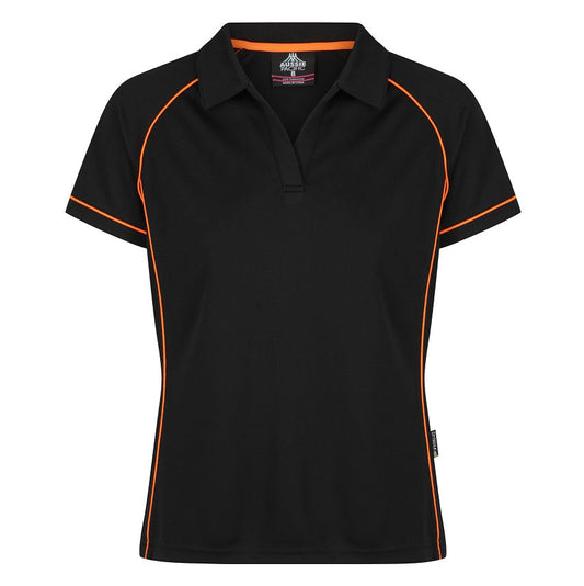 A black Aussie Pacific Endeavour ladies polo shirt with orange contrast piping and a V-neck collar.