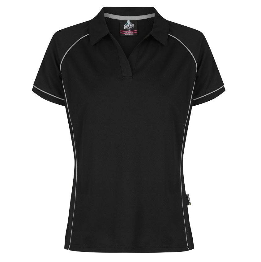 Aussie Pacific N2310 Endeavour Ladies Polo - Black/Silver - Front View