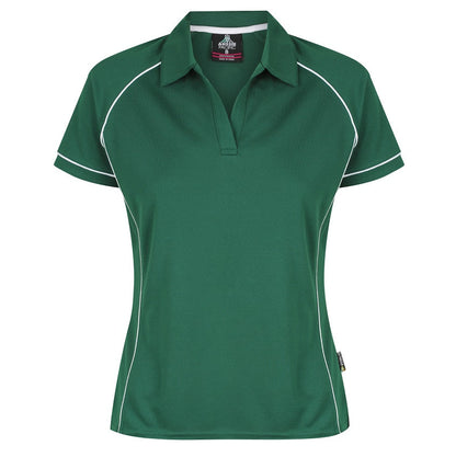 A green and white Aussie Pacific Endeavour ladies polo shirt with contrast piping at the raglan, side panel, and sleeve cuff, displayed on a plain background.