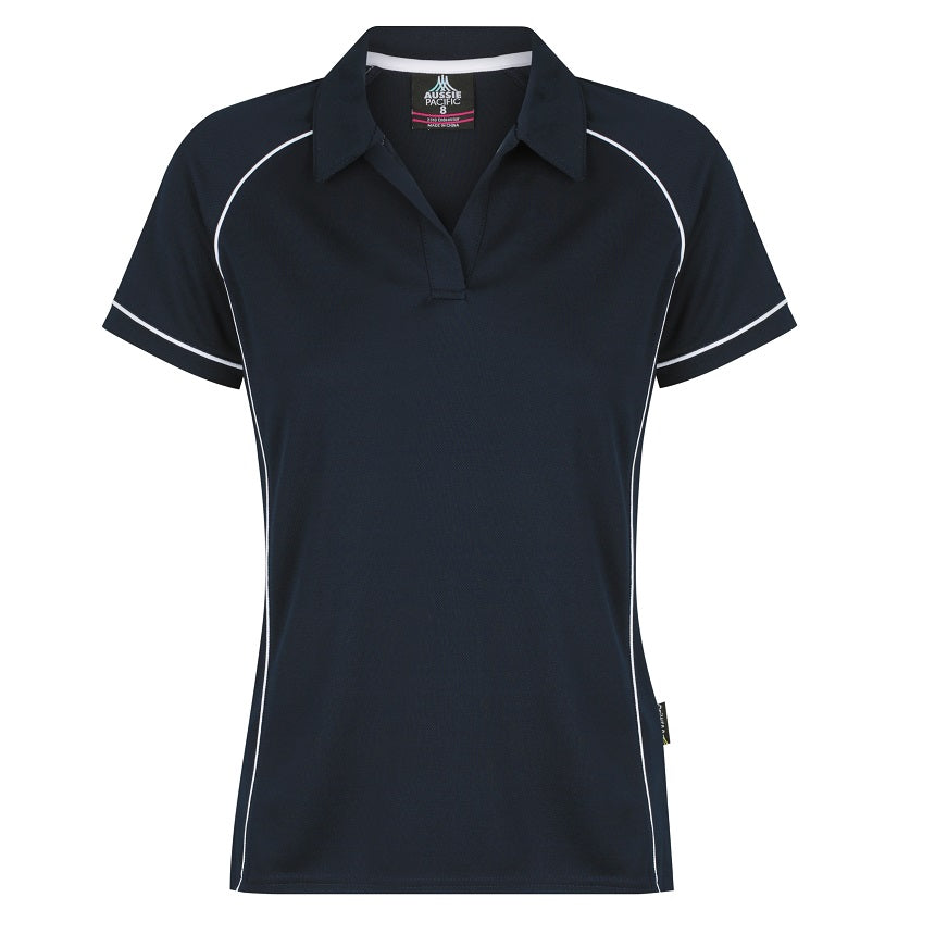 Navy and white colored Aussie Pacific Endeavour ladies polo shirt with contrast piping and a V-neck collar.