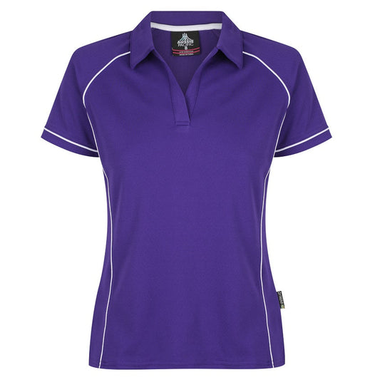 A purple and white colored Aussie Pacific Endeavour ladies polo shirt with contrast piping and a V-neck collar.