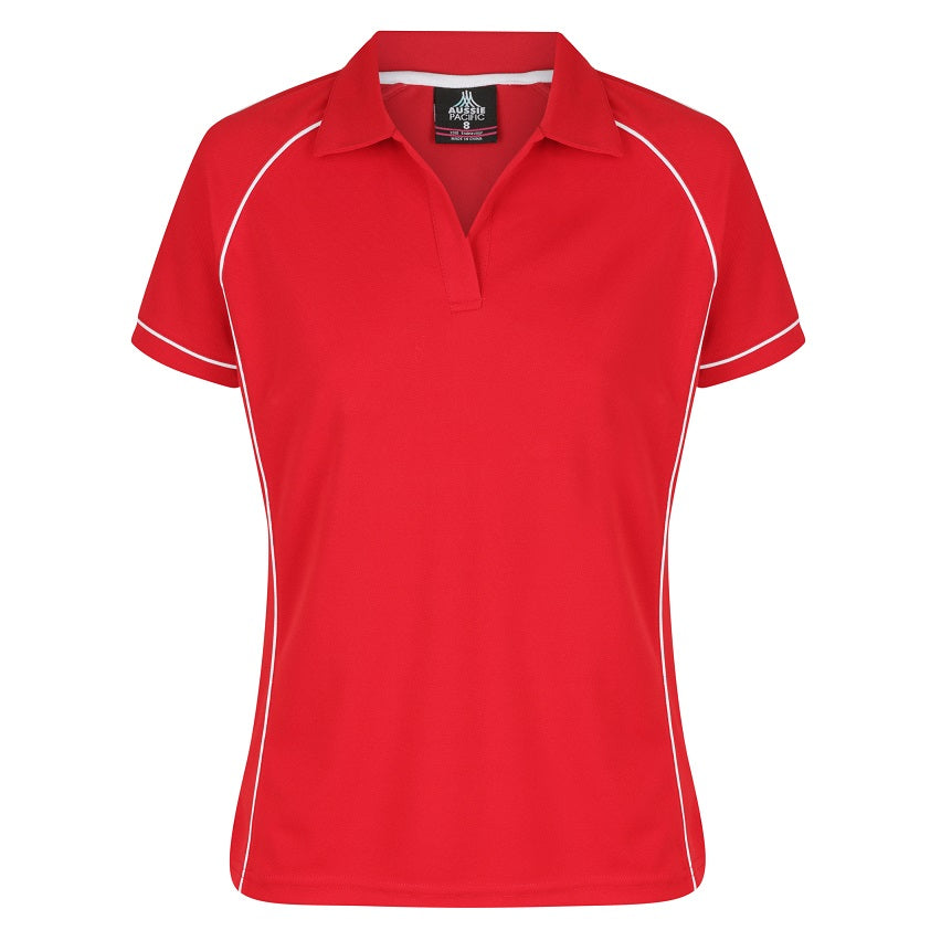 A red and white Aussie Pacific Endeavour ladies polo shirt with contrast piping and a V-neck collar.