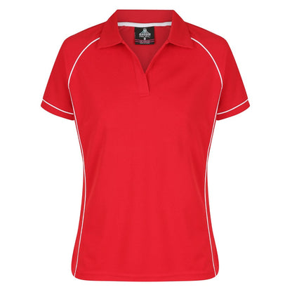A red and white Aussie Pacific Endeavour ladies polo shirt with contrast piping and a V-neck collar.