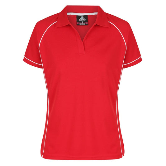 A red and white Aussie Pacific Endeavour ladies polo shirt with contrast piping and a V-neck collar.