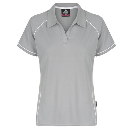 A silver and white colored Aussie Pacific Endeavour ladies polo shirt with contrast piping and a V-neck collar.