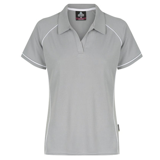 A silver and white colored Aussie Pacific Endeavour ladies polo shirt with contrast piping and a V-neck collar.