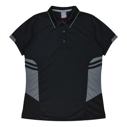 Aussie Pacific N2311 Tasman Ladies Polo - Black/Ash Grey - Front View