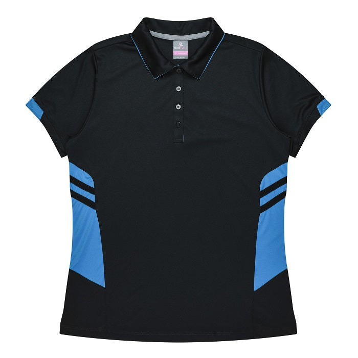 Aussie Pacific N2311 Tasman Ladies Polo - Black/Cyan - Front View
