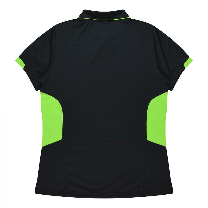 Aussie Pacific N2311 Tasman Ladies Polo - Black/Neon/Green - Back View