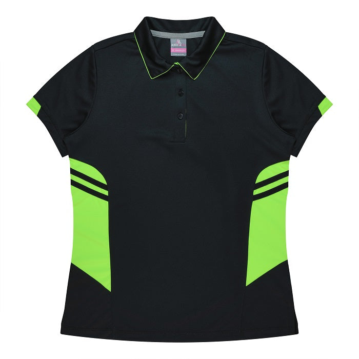 Aussie Pacific N2311 Tasman Ladies Polo - Black/Neon/Green - Front View