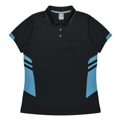 Aussie Pacific N2311 Tasman Ladies Polo - Black/Teal - Front View