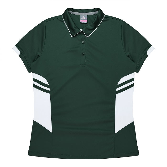 Aussie Pacific N2311 Tasman Ladies Polo - Bottle Green/White - Front View
