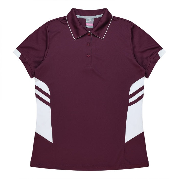 Aussie Pacific N2311 Tasman Ladies Polo - Maroon/White - Front View