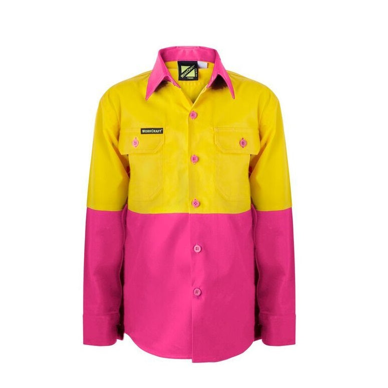 Workcraft WSK127 Kids HiVis 2 Tone L/Sleeve Shirt Pink and Yellow - Front view