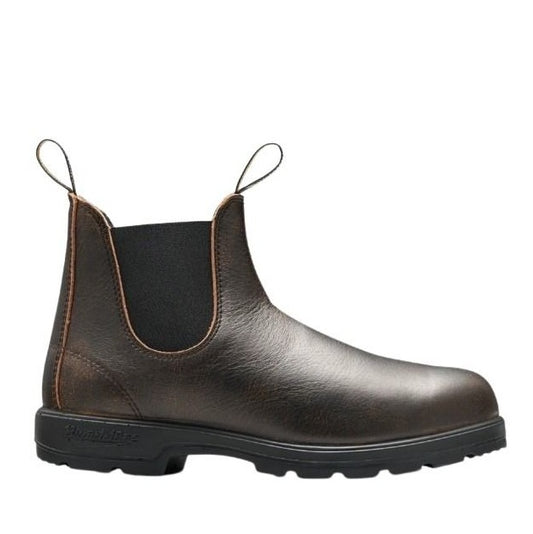 Brown leather boot with a black sole on a white background