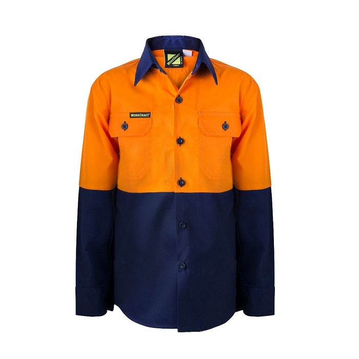 Workcraft WSK127 Kids HiVis 2-Tone Long Sleeve Shirt - Orange/Navy - Front View