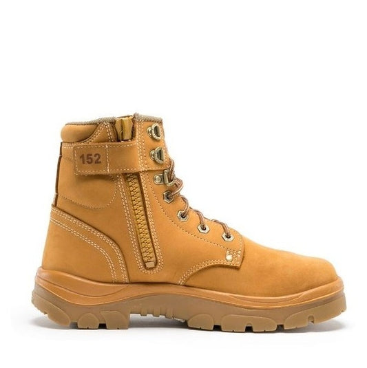 Tan boot with visible brand number on a white background