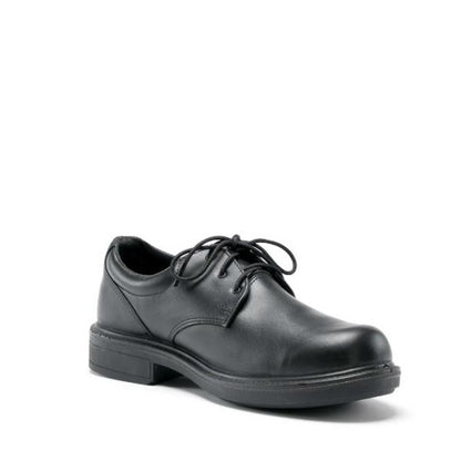 Black loafer shoe with a gold buckle on a white background