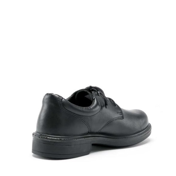 Black leather dress shoe on a white background