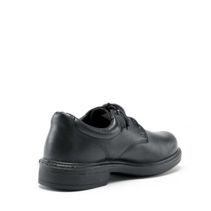 Black leather dress shoe on a white background