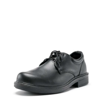 Black leather dress shoe on a white background
