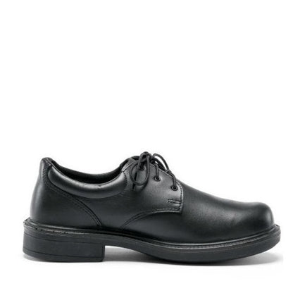 Black leather dress shoe on a white background