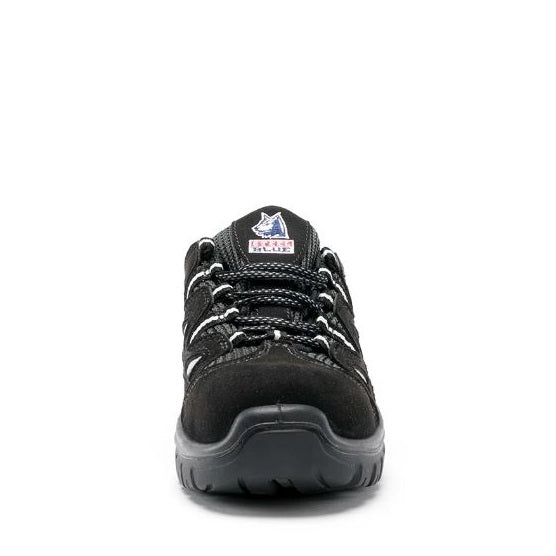 Black safety shoe with a brand logo on a white background