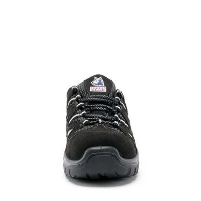 Black safety shoe with a brand logo on a white background
