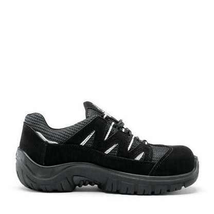 Black leather shoe with a zipper on a white background