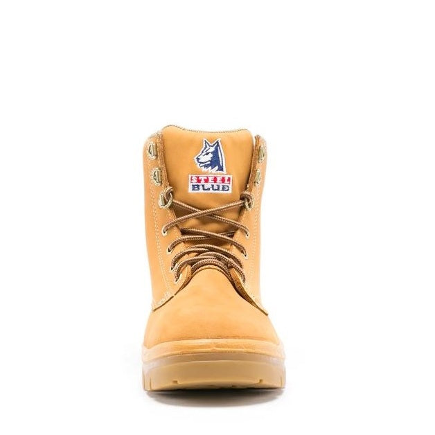 Tan boot with a brand logo on a white background